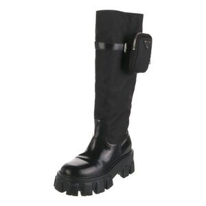 PRADA Monolith Re Nylon Gabardine Knee High Boots With Pouch Size 7 Black Punk